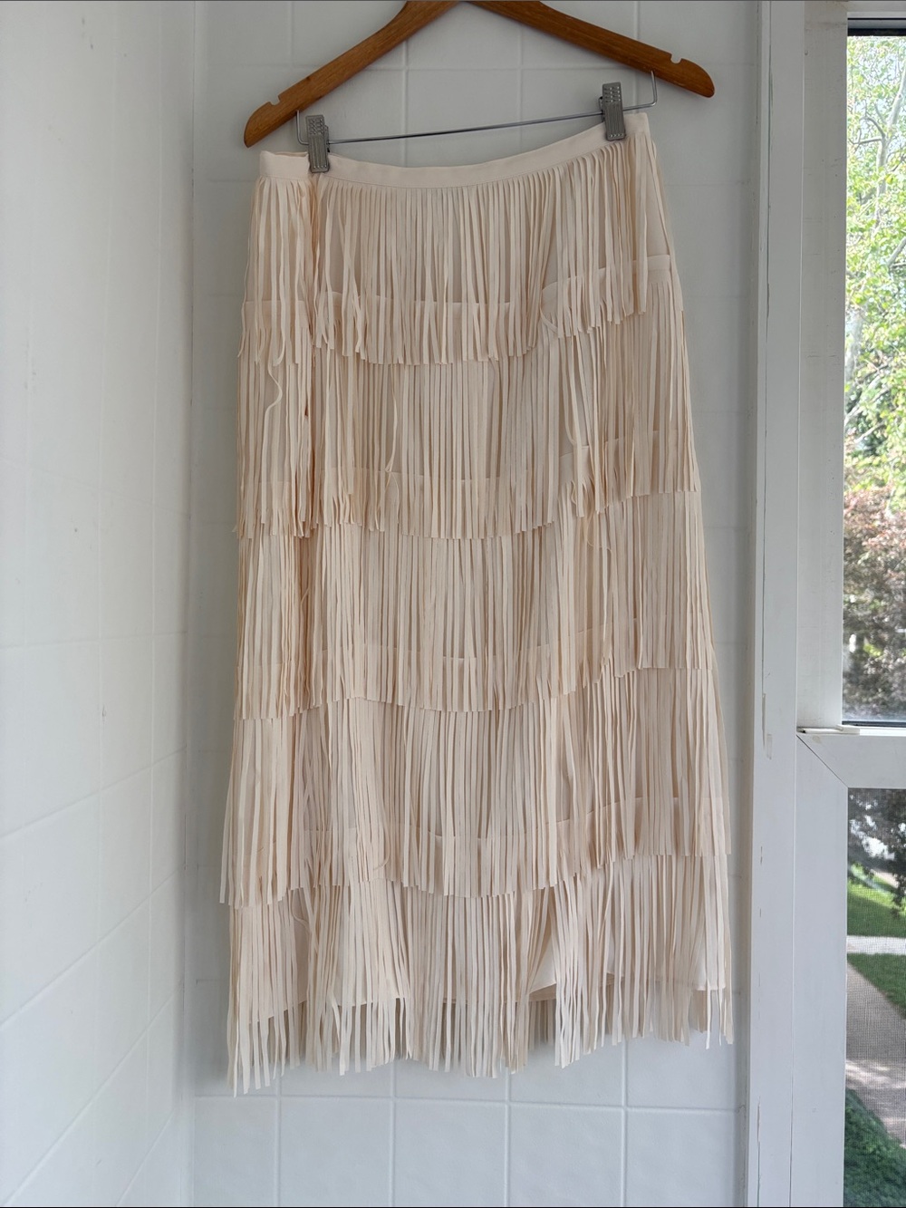Pleated Tiered Midi Skirt in Light Beige